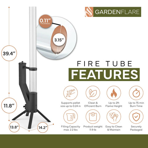 Diagram showing features of Stainless Steel Pellet Stove Smokeless Firepit For Ambiance On The Patio with measurements and capacity.