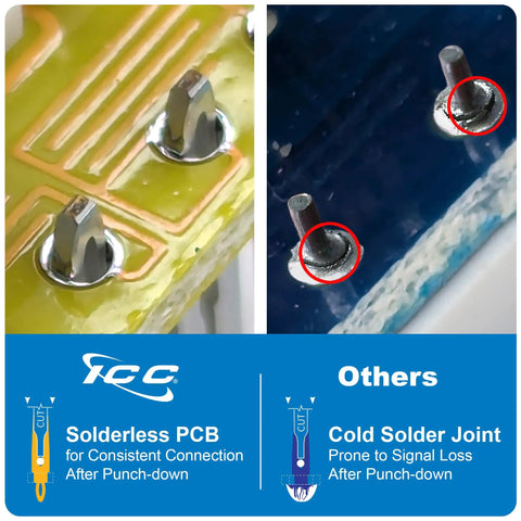 Comparison of solderless PCB for Slim CAT6 Keystone Jack with 180 Degree Punch Down For Wall Plate Or Patch Panel RJ45 UL Listed PoE Plus Plus TAA Compliant White 25 Pack