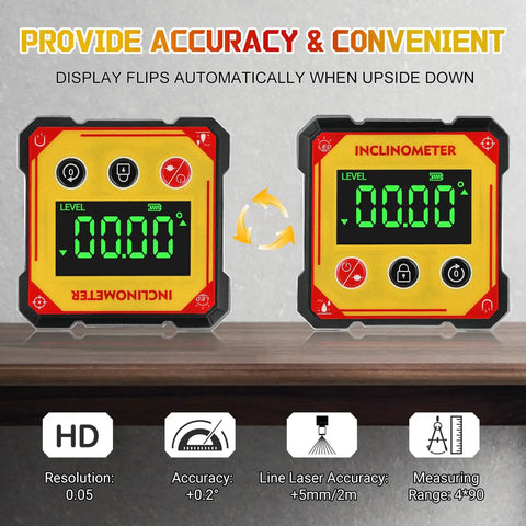 Digital Angle Finder With Laser And Heavy Duty Magnets Cube Inclinometer For Table Saw And Woodworking Measuring Pro Grade Level Box With Auto Flip Display Waterproof And Dustproof Four Sided Magnet System Zero At Any Angle, upright and flipped