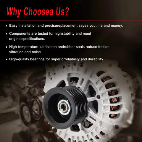 Beefed Up Alternator Replacement For Nissan Armada 2007 2015 with 7-groove pulley, features and benefits displayed.