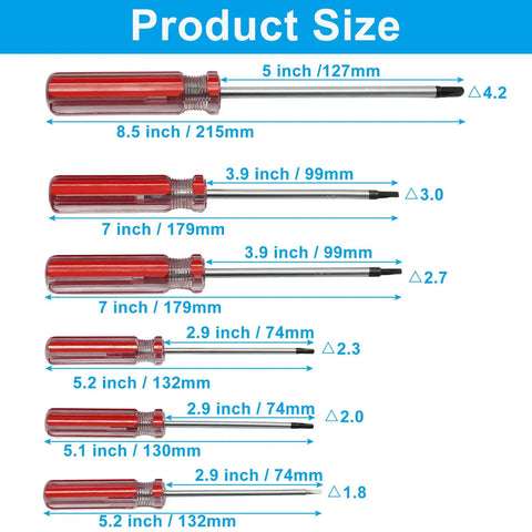 Six Piece Triangle Screwdriver Set With Magnetic Tips And Red Handles For Electronics And Toys Includes 1.8 to 4.2mm sizes