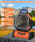 Must Have Camping Fan With 20000mAh Battery Pack Cordless Portable Outdoor Tent Fan with 4 speeds shown on a rock background