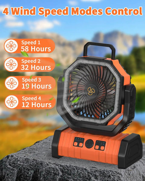 Must Have Camping Fan With 20000mAh Battery Pack Cordless Portable Outdoor Tent Fan with 4 speeds shown on a rock background