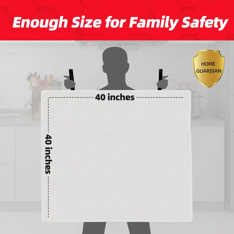 Emergency Fire Blanket 40 By 40 Inches Pack Of 6 For Home Safety Kitchen Camping And Hurricane Prep Oxygen Blocking Fire Suppression Blanket For Mess Free Fire Control displayed in kitchen with 40-inch measurements.