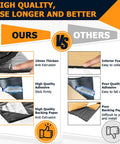 Comparison chart of car sound insulation mats highlighting high-quality adhesive, thick structure, and reliable backing paper.