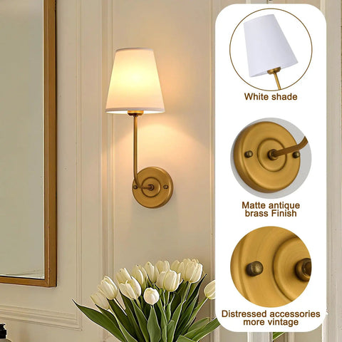 Hardwired Wall Sconce Set Of 2 With Flared White Textile Shade And Curved Arm In Antique Brass Finish For A Cozy Modern Bedroom Vanity Glow E26 Socket Dimmable LED Friendly 110V To 120V 60W Max