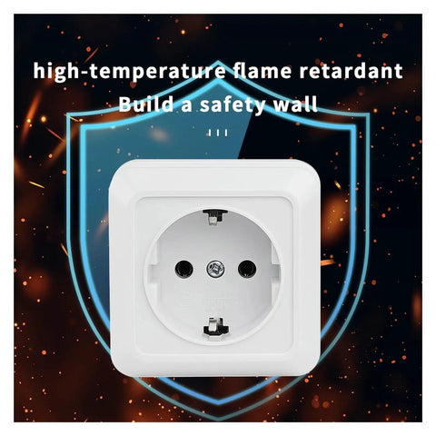 Heavy Duty White Wall Outlet Socket With Ground Wire Switch 16A 220V EU Standard 2 Gang 1 Way front view on blue shield background.