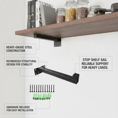 Heavy Duty Black Metal Wall Shelf Bracket For Floating Shelves In Garage Kitchen Workshop Storage L Shaped With Pre Drilled Holes shown under a wooden shelf