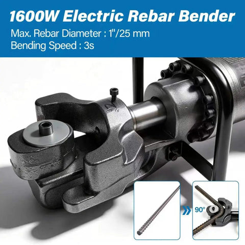 Close-up of Crafthydro 1600W Electric Hydraulic Rebar Bender Tool for 1 Inch #8 25mm steel rod bending with adjustable clamp.