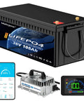 36V 105Ah LiFePO4 Lithium Golf Cart Battery with smart BMS, charger, and monitor display for extended range use.