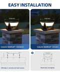 Solar Post Lights Outdoor 14.96 Inch IP54 Waterproof Pillar Lamps shown on 20 and 24 inch columns, easy installation guide with steps