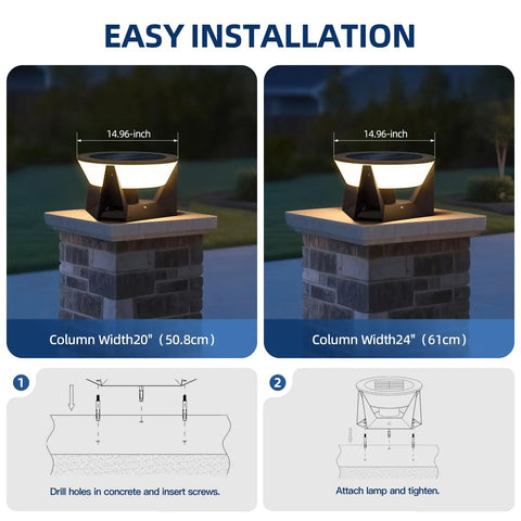 Solar Post Lights Outdoor 14.96 Inch IP54 Waterproof Pillar Lamps shown on 20 and 24 inch columns, easy installation guide with steps
