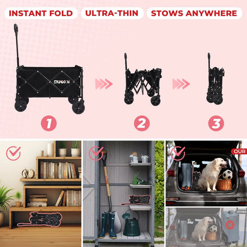 Ultra Lightweight Folding Wagon Cart With Wheels One Hand Lift 11 Lb Portable Utility Wagon shown folded and stored in a car trunk.