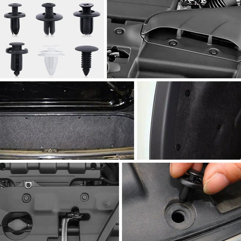 110Pcs Car Retainer Clips Kit With 6 Sizes And Storage Box showing various auto fasteners and installation examples