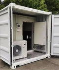 Heavy Duty Industrial Walk In Freezer Cold Room With Energy Efficient Blast Cooling System Built Like A Tank For High Volume Food Processing And Warehousing No Fuss Operation, exterior view showing open doors and cooling unit.