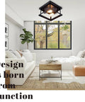 Black Two Light Farmhouse Flush Mount Ceiling Light Fixture in cozy rustic bedroom with modern decor and large window view