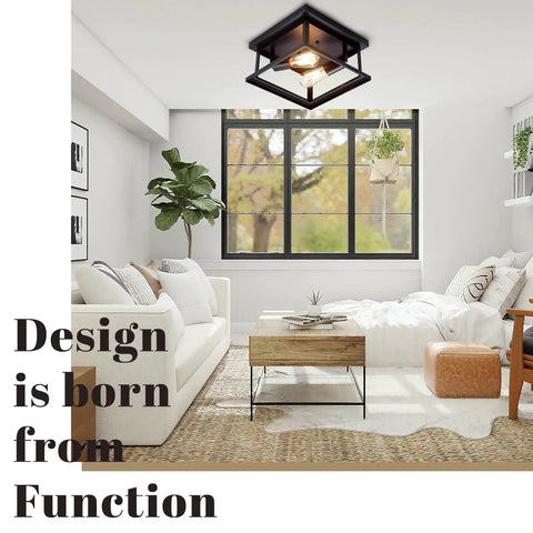 Black Two Light Farmhouse Flush Mount Ceiling Light Fixture in cozy rustic bedroom with modern decor and large window view