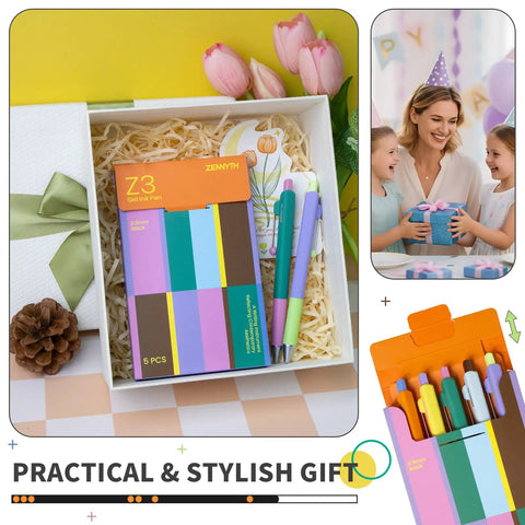 5 Pack Gel Pens 0.5mm Fine Point Retractable With Diamond Barrel Quick Dry Ink For Journaling Note Taking Office And School Supplies Smooth Writing With Rolling Clip And Comfortable Grip Includes Z3 Contrast Color gift set displayed in a box with flowers and accessories