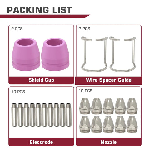 Packing list with 24-piece AG-60 Plasma Cutter Torch Consumables Kit: 2 pink shield cups, 2 spacer guides, 10 nozzles, 10 electrodes.