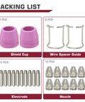 Packing list of Plasma Cutter Torch Consumables Kit 24 Pcs For AG-60 AG-60P SG-55 with electrodes, nozzles, cups, guides.