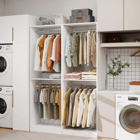 Big Time Modular Closet System With Hella Roomy Hanging Space And Solid Wood Build For Custom Walk In Setup featuring arranged clothing.