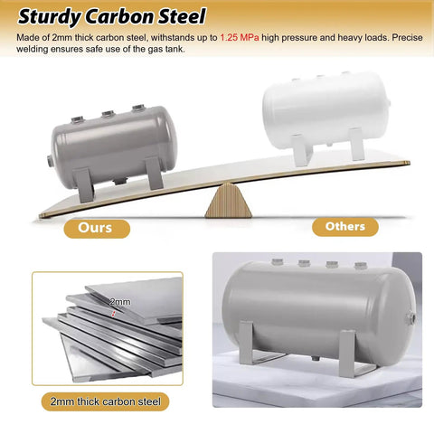 Heavy Duty Carbon Steel Portable Air Compressor Tank With Drain Valve Lightweight Small Air Canister For Car Truck Tires 2.1 Gallon 8L Gas Receiver High Pressure Reservoir Up To 180 PSI Sturdy Durable Storage Vessel