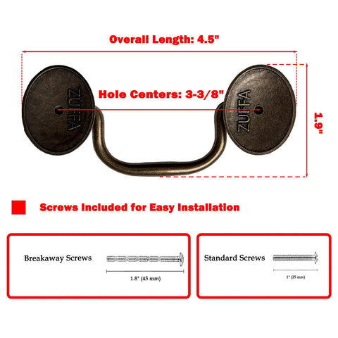 Dimensions of Six Pack Vintage Bail Drawer Pulls In Antique Brass, 3-3/8 Inch Hole Centers, Classic Drop Cabinet Handles detailed