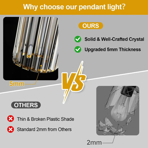 Comparison of Straight Up Three Pack Brushed Gold Crystal Pendant Lights For Kitchen Islands with 5mm thick crystal shade.