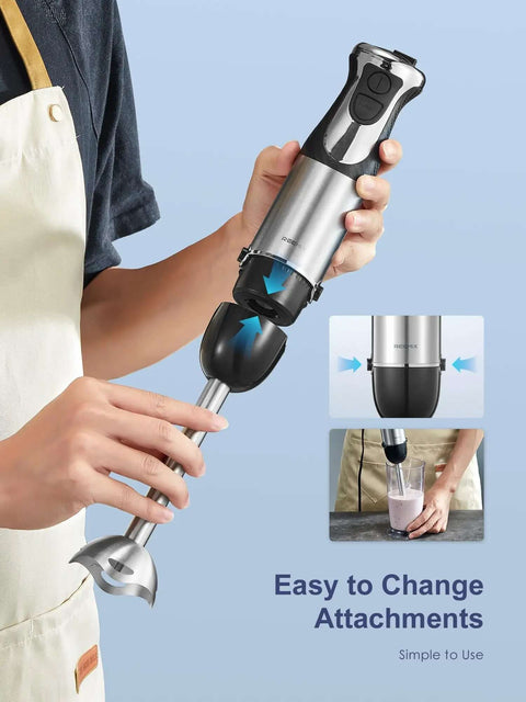 5 In 1 Heavy Duty Hand Immersion Blender With 1000W Copper Motor and Mixing Beaker Chopper Whisk Attachment in use changing parts.