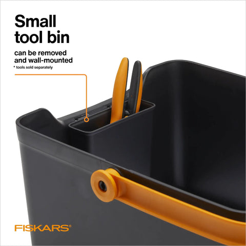 Close-up of Portable Garden Tool Caddy With Locking Handle And Removable Bin, showing small tool bin with snips, wall-mount design.