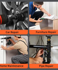 Car, furniture, home, and pipe repair using tools in different settings.