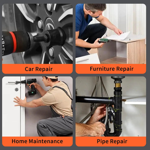 Car, furniture, home, and pipe repair using tools in different settings.