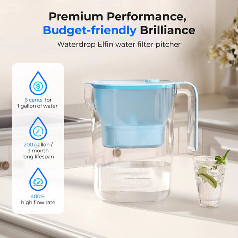 7 Cup Countertop Water Filter Pitcher With NSF Certification 200 Gallon Long Life Filter, blue design on kitchen counter