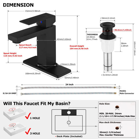 Dimensions of Brass Single-Handle Bathroom Sink Faucet With Escutcheon, Pop Up Drain, and Water Supply Hoses, Matte Black Finish