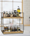 Two Tier Bathroom Organizer For Countertop And Vanity with spices, wooden double tray shelf, rustic storage for kitchen use