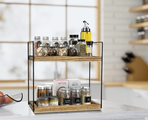 Two Tier Bathroom Organizer For Countertop And Vanity with spices, wooden double tray shelf, rustic storage for kitchen use