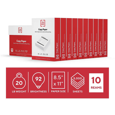 Premium White Copy And Printer Paper 8.5 X 11 Inches Twenty Pound Weight Ninety Two Brightness Five Thousand Sheets Per Carton displayed in packs.