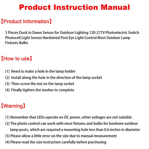 Instruction manual for Dusk To Dawn Sensor For Outdoor Lighting 120 To 277V Photoelectric Switch Photocell Light Sensor Hardwired Post Light Controller.