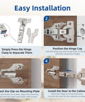 Installation steps for Heavy Duty Soft Close Concealed Cabinet Hinges 10 Pack Partial Overlay 105 Degree 3D Adjustable Clip On Satin Nickel.