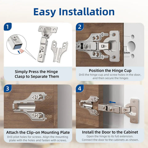 Installation steps for Heavy Duty Soft Close Concealed Cabinet Hinges 10 Pack Partial Overlay 105 Degree 3D Adjustable Clip On Satin Nickel.