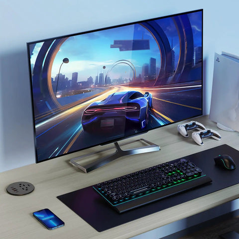 Flush Mount Desk Power Grommet With Two Outlet Jacks And Four Usb Ports Including Dual PD Fast Chargers Plus HDMI Connectivity And A Low Profile Plug For Office Desks And Cabinets, shown on a sleek workspace with a gaming setup.