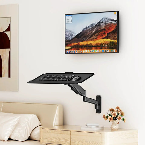 Sleek Wall Mounted Keyboard Tray 26 Inch Heavy Duty Steel Platform with mouse nook, adjustable tilt, black finish, home office setup.