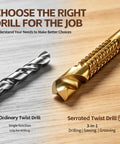 Ordinary twist drill and serrated twist drill comparison on wooden surface, highlighting functions, for Eight Pack Titanium Coated HSS Twist Drill Bits Metric Set 3 To 10MM.