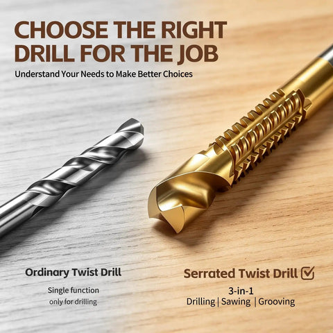 Ordinary twist drill and serrated twist drill comparison on wooden surface, highlighting functions, for Eight Pack Titanium Coated HSS Twist Drill Bits Metric Set 3 To 10MM.