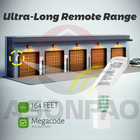 Illustration of a Replacement Keypad For MegaCode Linear Garage Door Opener That Is Ready To Roll, showing its remote range feature.
