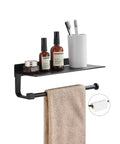 Black Wall Mount Towel Holder With Shelf For Bathroom And Kitchen, holding toiletries, toothbrushes, towel below.