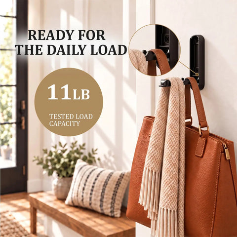 Sick Folding Wall Hooks Black Rounded Design Swivel Arms Tuck Flat Against Wall Space Saving Zinc Alloy with 11lb capacity for bags
