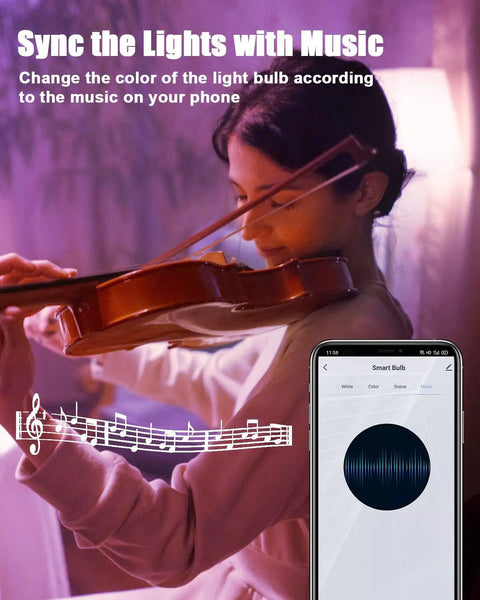 Woman playing violin with Smart RGB E12 Base Light Bulb Dimmable Color Changing With Alexa And Google Home app interface displayed. 
