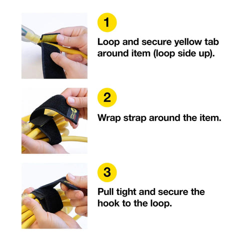 Steps to use Selfie Straps 12 Inch 8 Pack Black Super Handy Stretchy Hook and Loop Cord Organizer on yellow cables