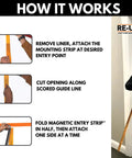 Instructional diagram of Magnetic Dust Barrier Entry Strip Kit for Plastic Sheeting showing hands installing the self-closing system.